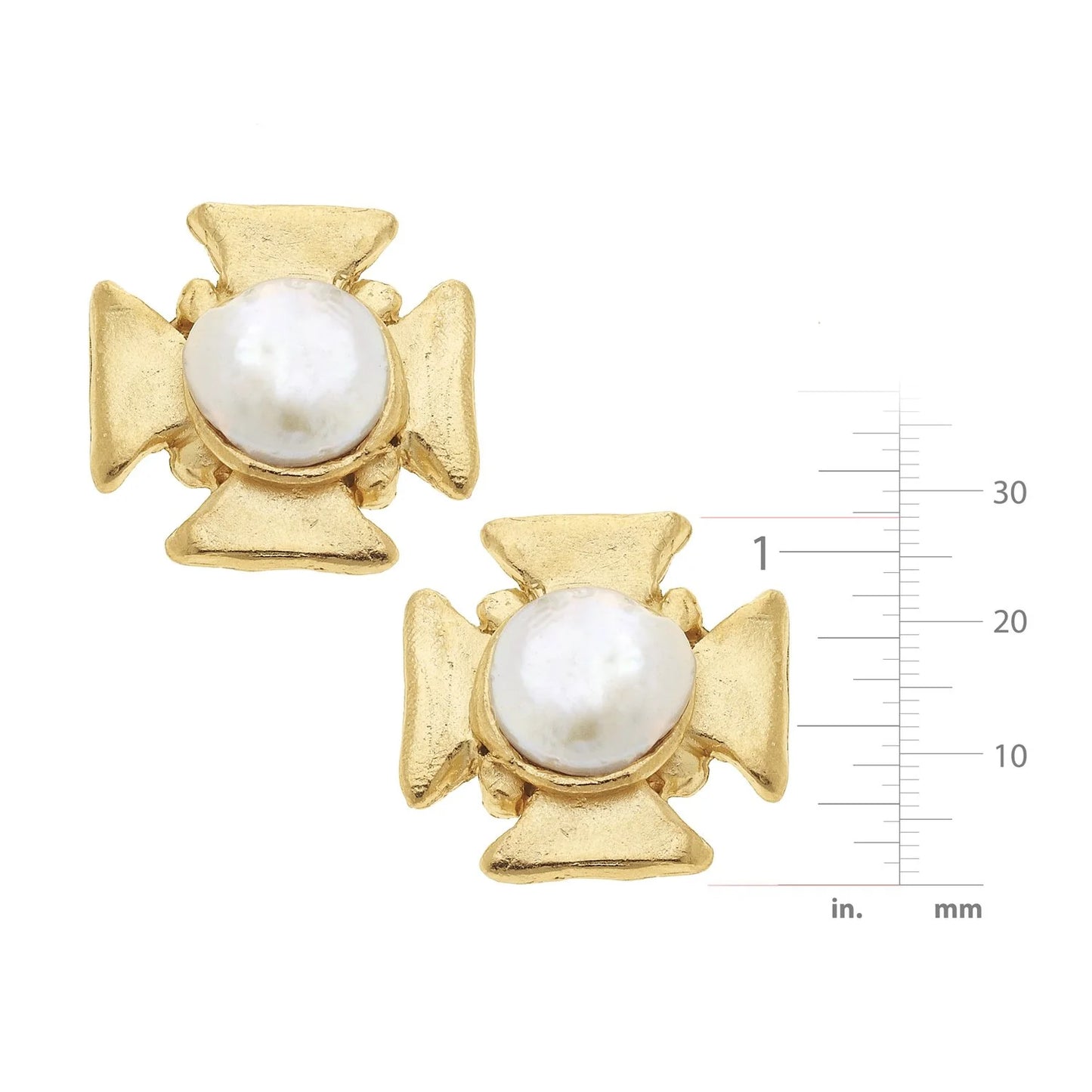 Gold Cross, White Coin Pearl Clip Earrings
