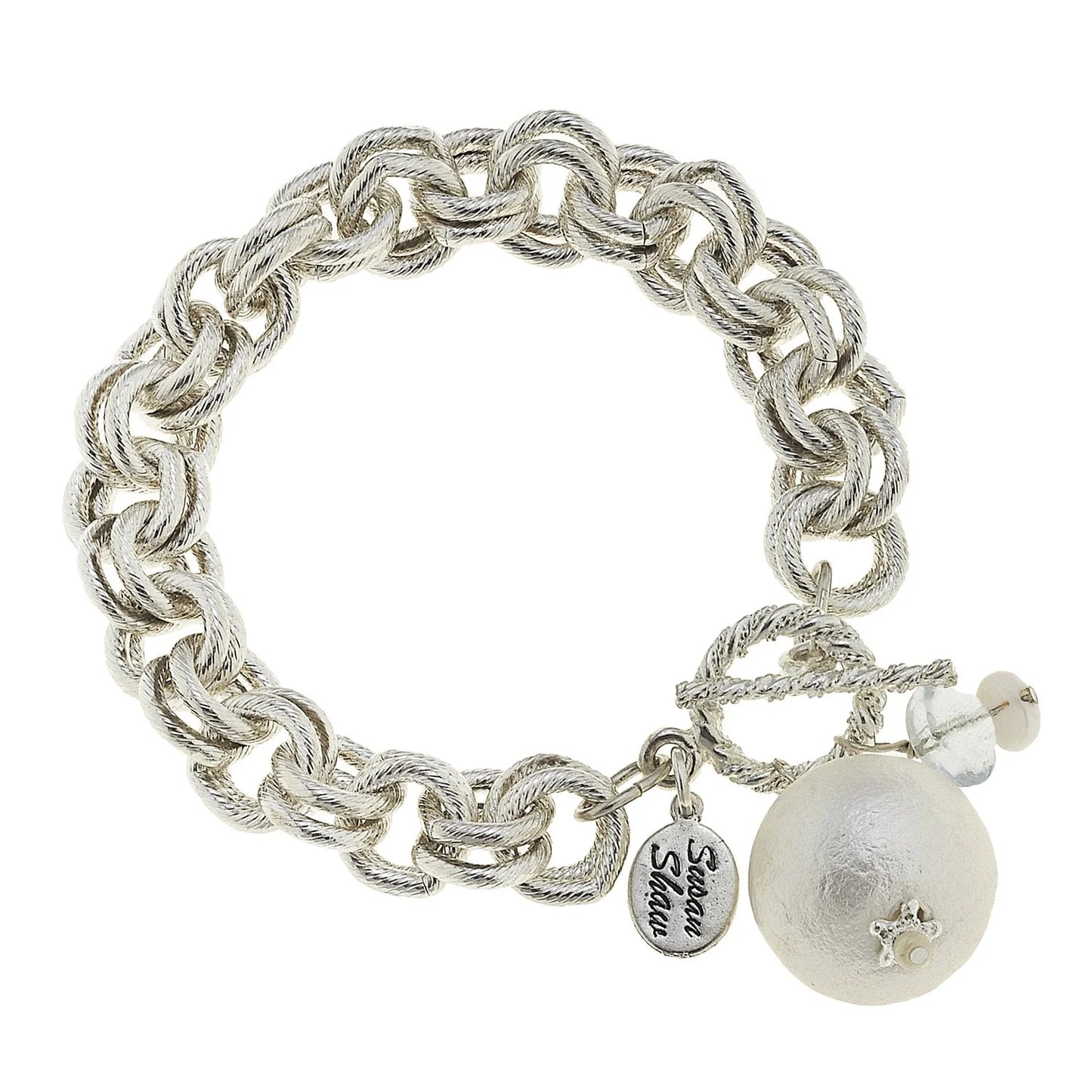 Silver Double Link Cotton Pearl Bracelet