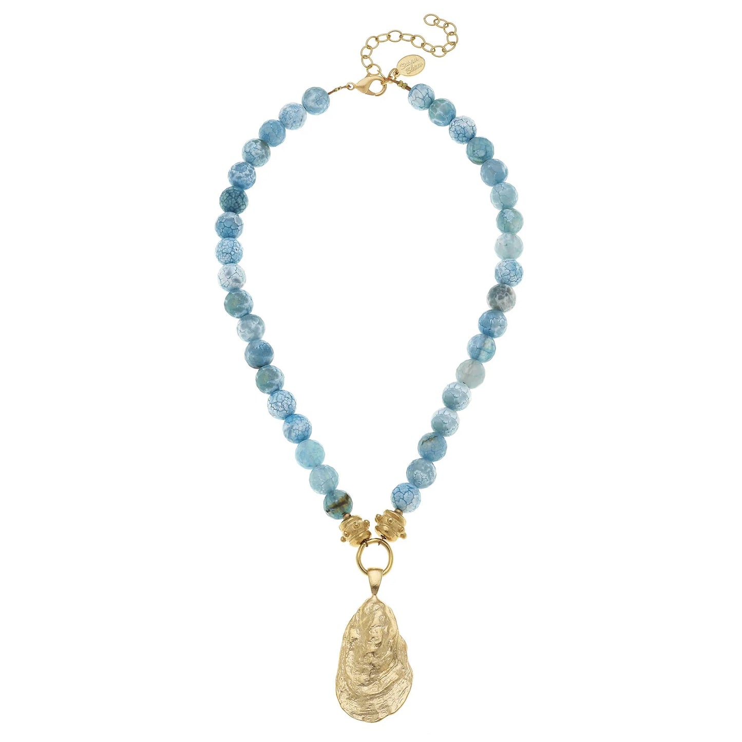 Gold Oyster Shell on Aqua Fire Agate Necklace