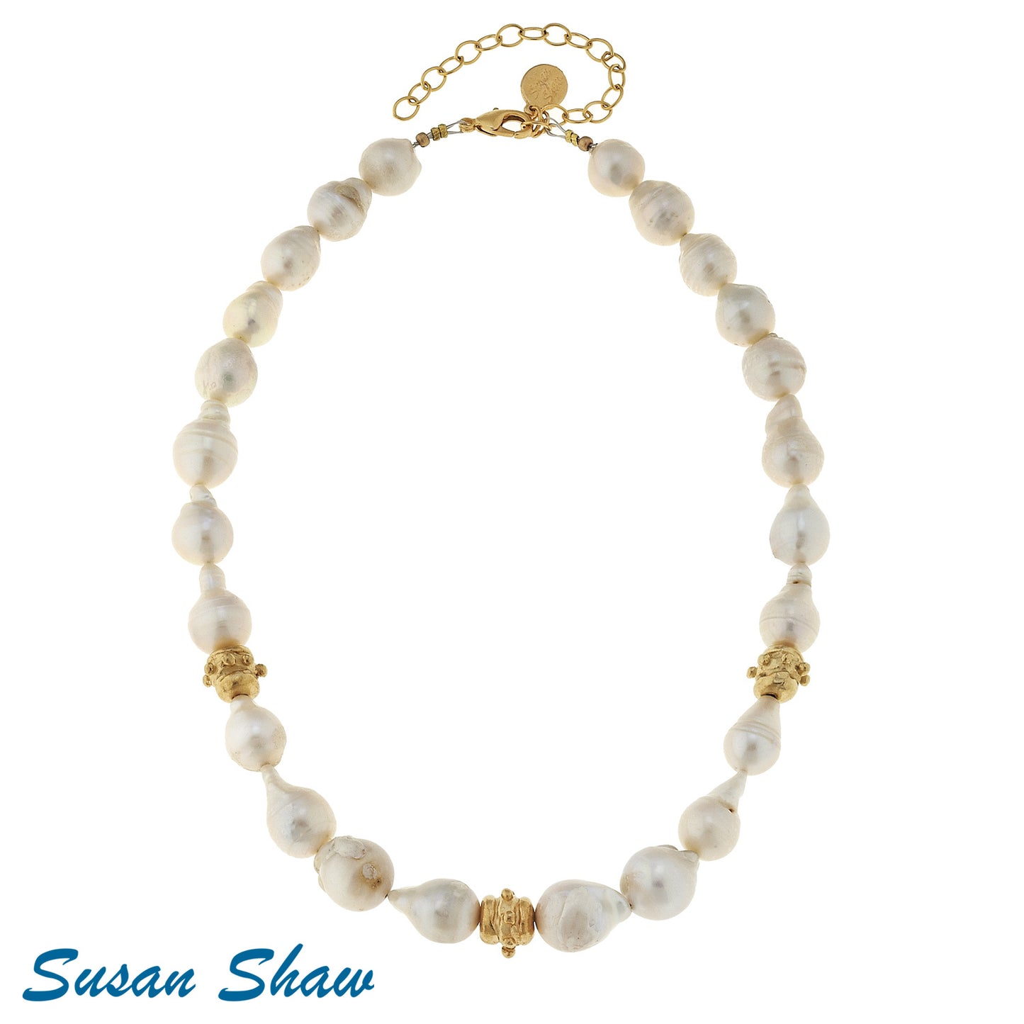 Gold Bead Large White Baroque Pearl Necklace