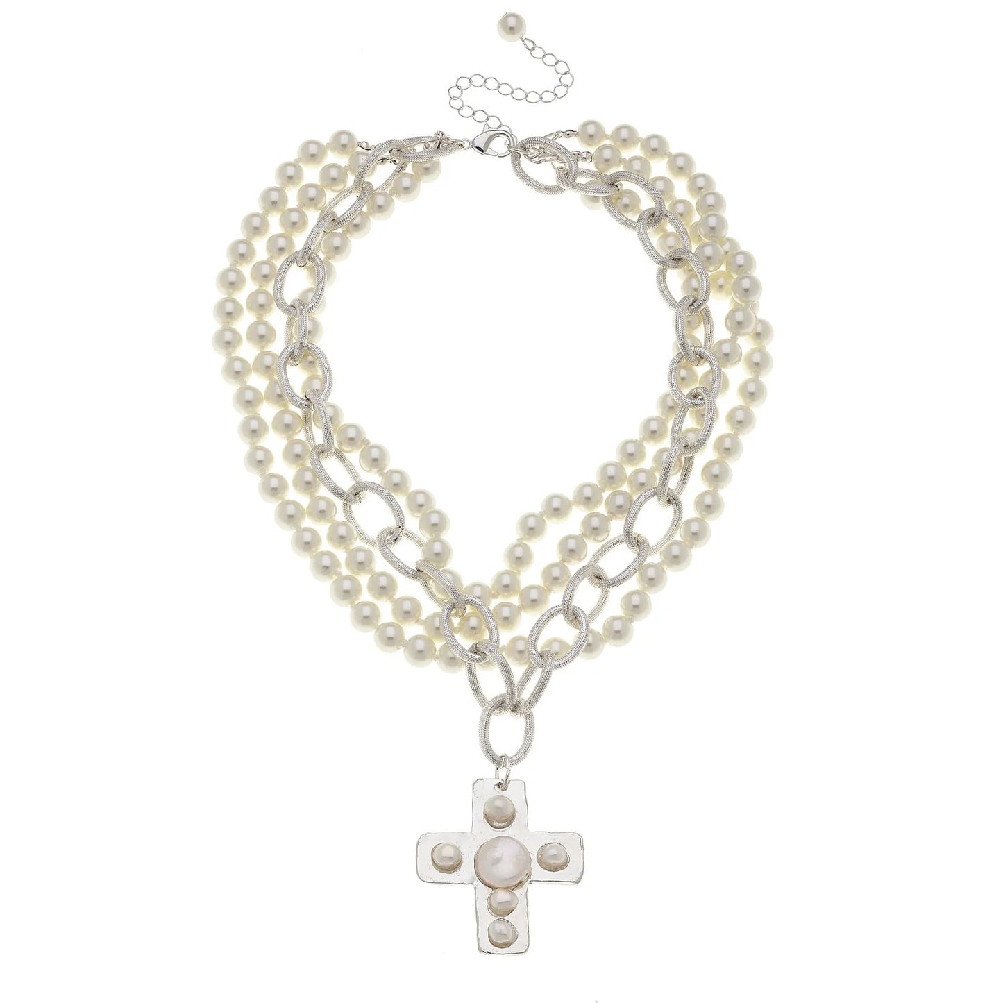 Pearl Cross Multi-Strand Necklace - Silver