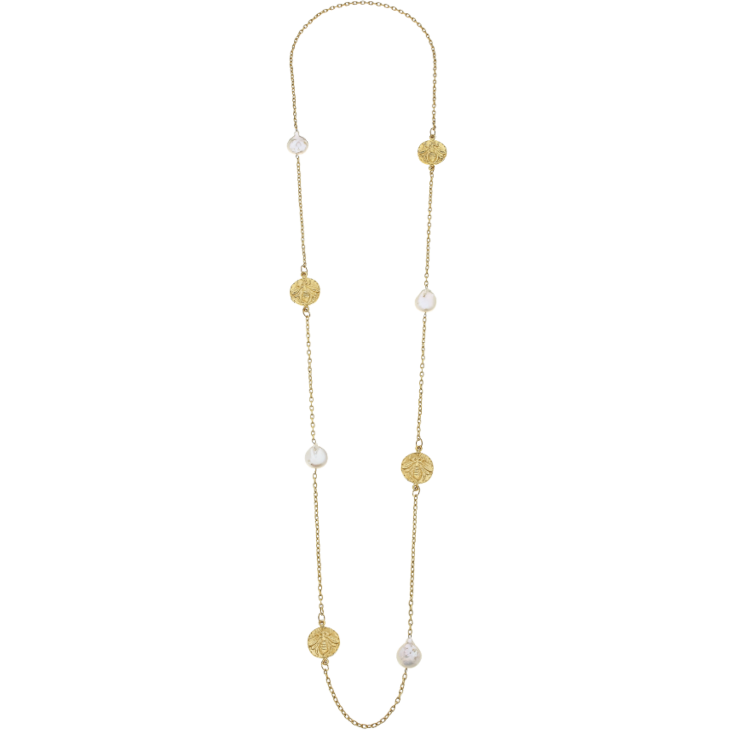 Handcast Gold Bee and Genuine Freshwater Coin Pearl Necklace