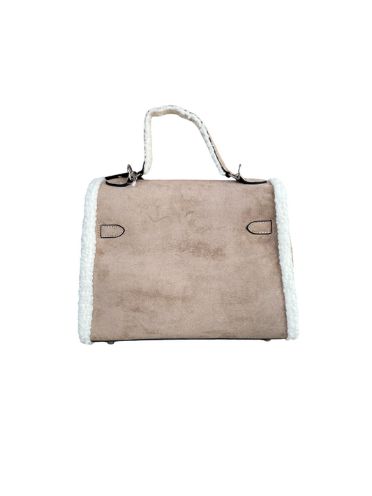 Suede and Faux Shearling Handbag Sand