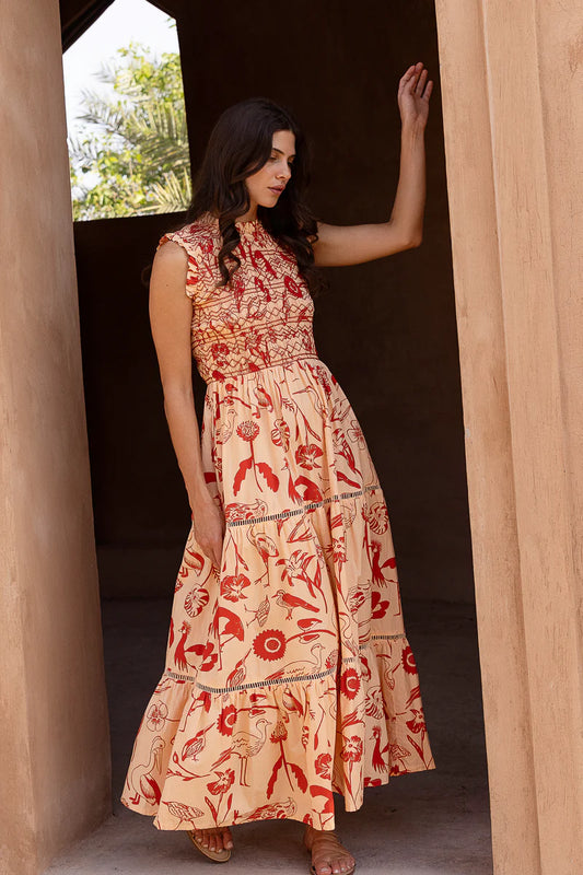 Sleeveless Smocked Maxi Dress Audubon Red