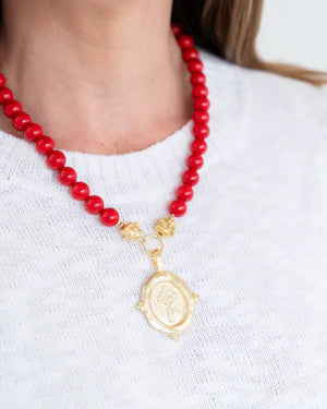 Cross Intaglio Stone Necklace - Red Coral