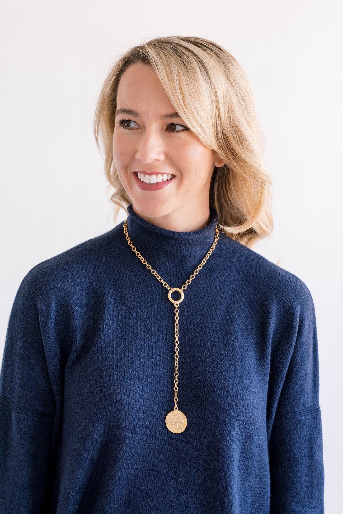 Gold Lariat W/ Coint Pendant Necklace