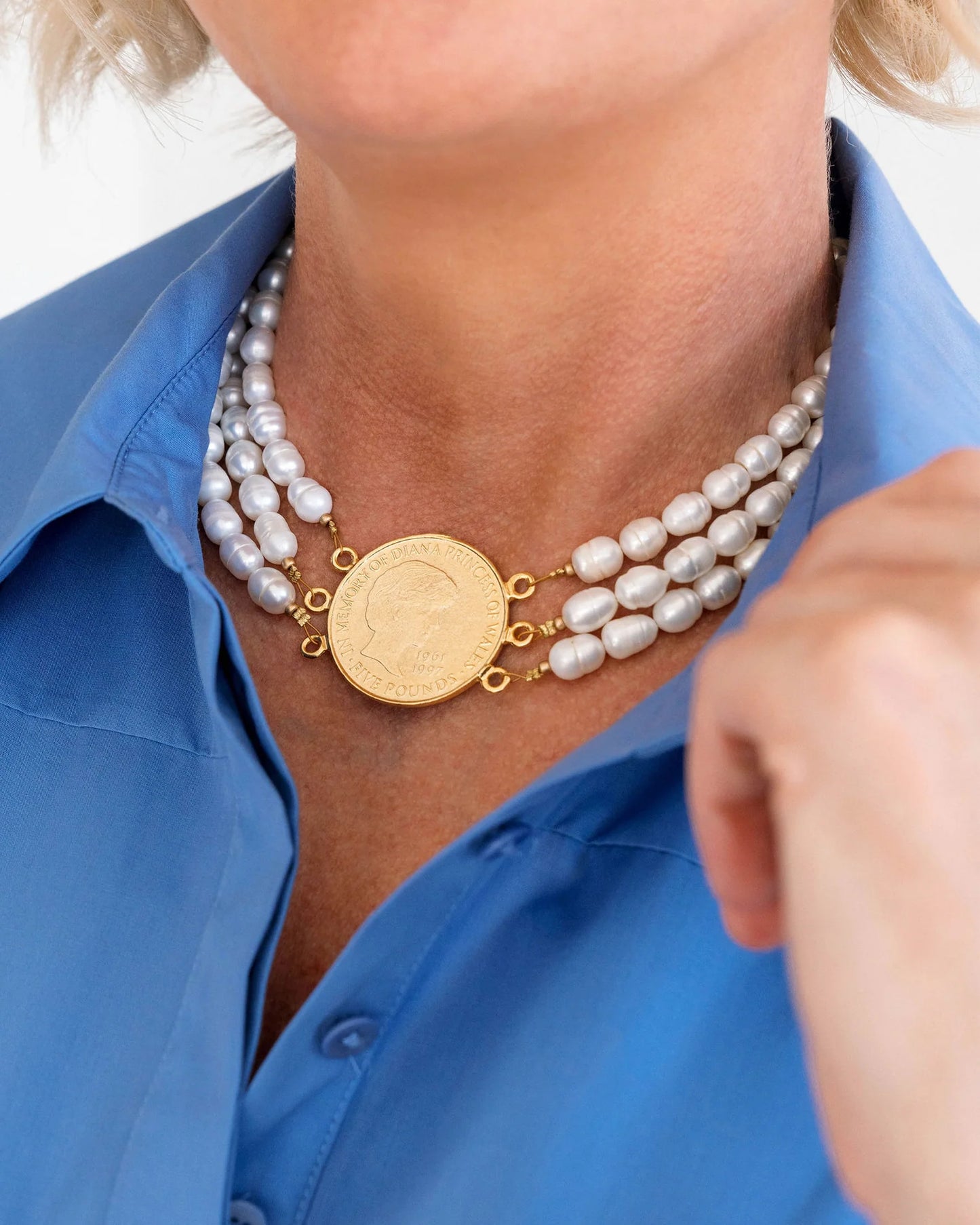 Gold Diana Coin On 3 Strand Freshwater Pearl Choker Necklace