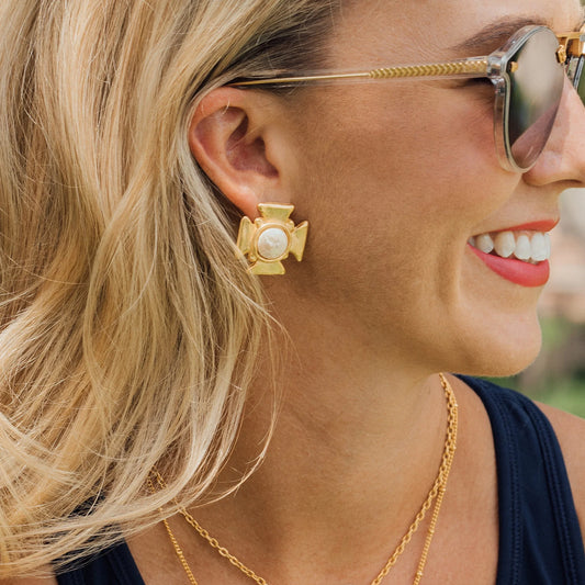 Gold Cross, White Coin Pearl Clip Earrings