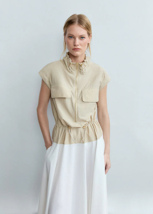 Bi-Color Sleeveless Dress with Adjustable Funnel Neck
