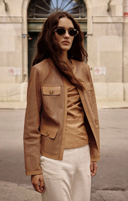 Tan Perforated Leather Jacket