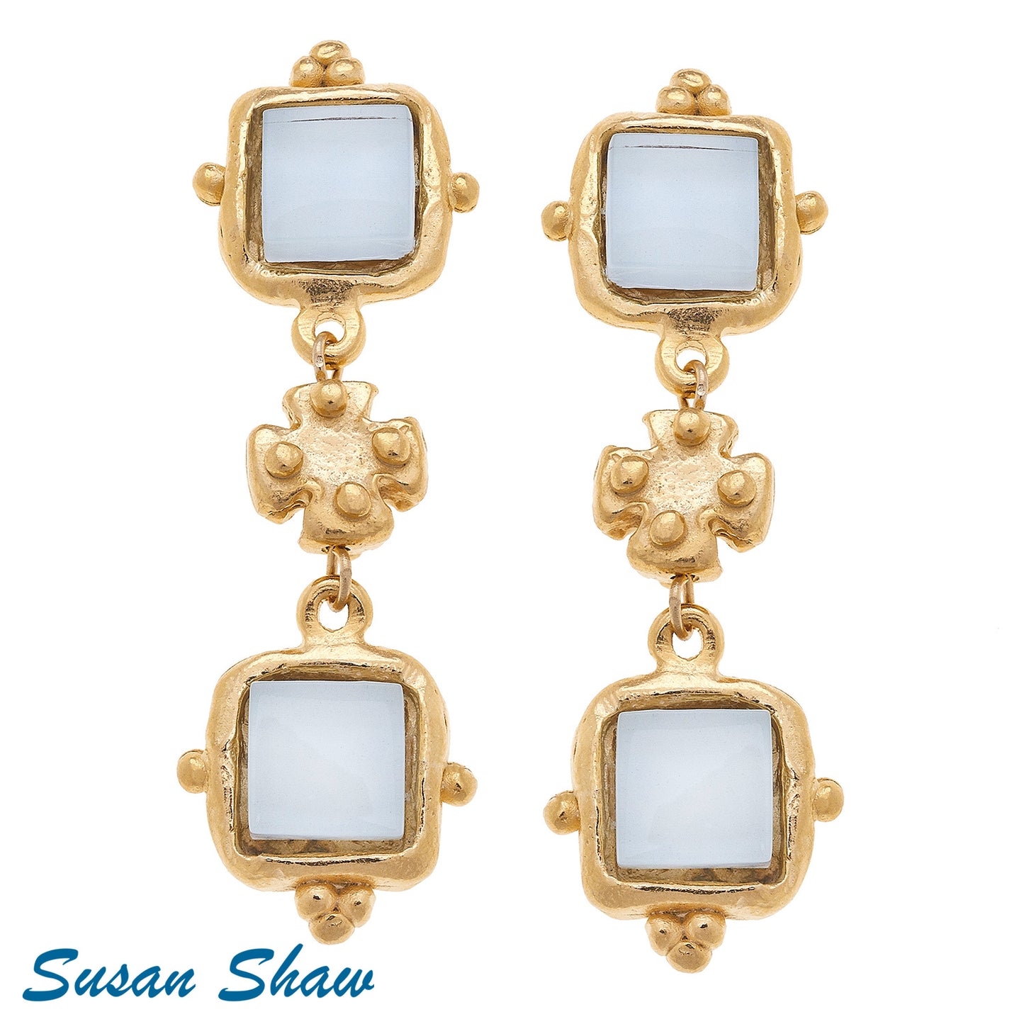 White French Glass Gold Cross Bead Earrings