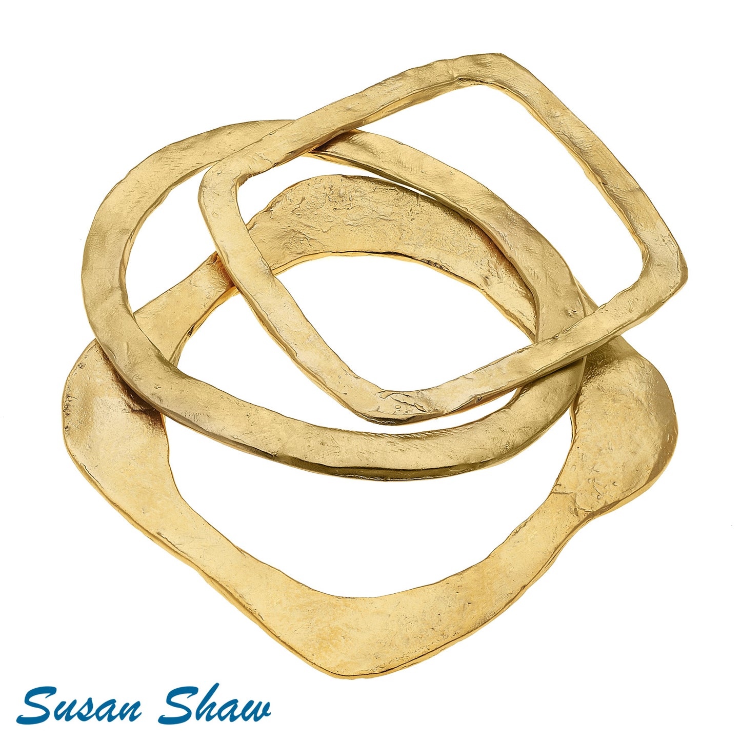 Set Of Three Flat Shaped Hand Cast Gold Bangles