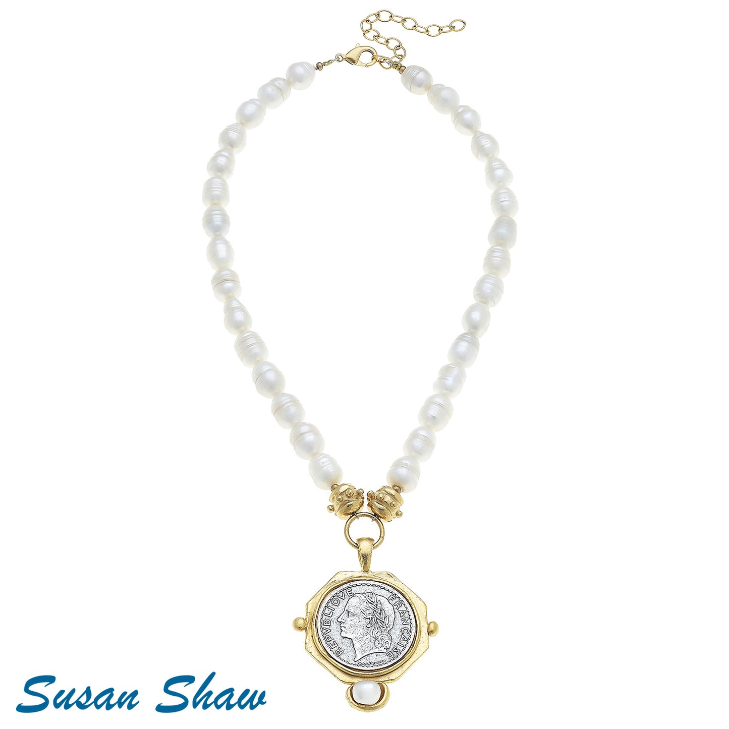 Gold French Franc Coin Freshwater Pearl Necklace