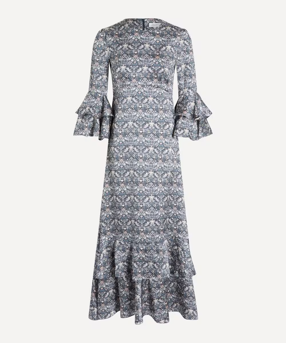 Grey Strawberry Thief Silk Gala Dress