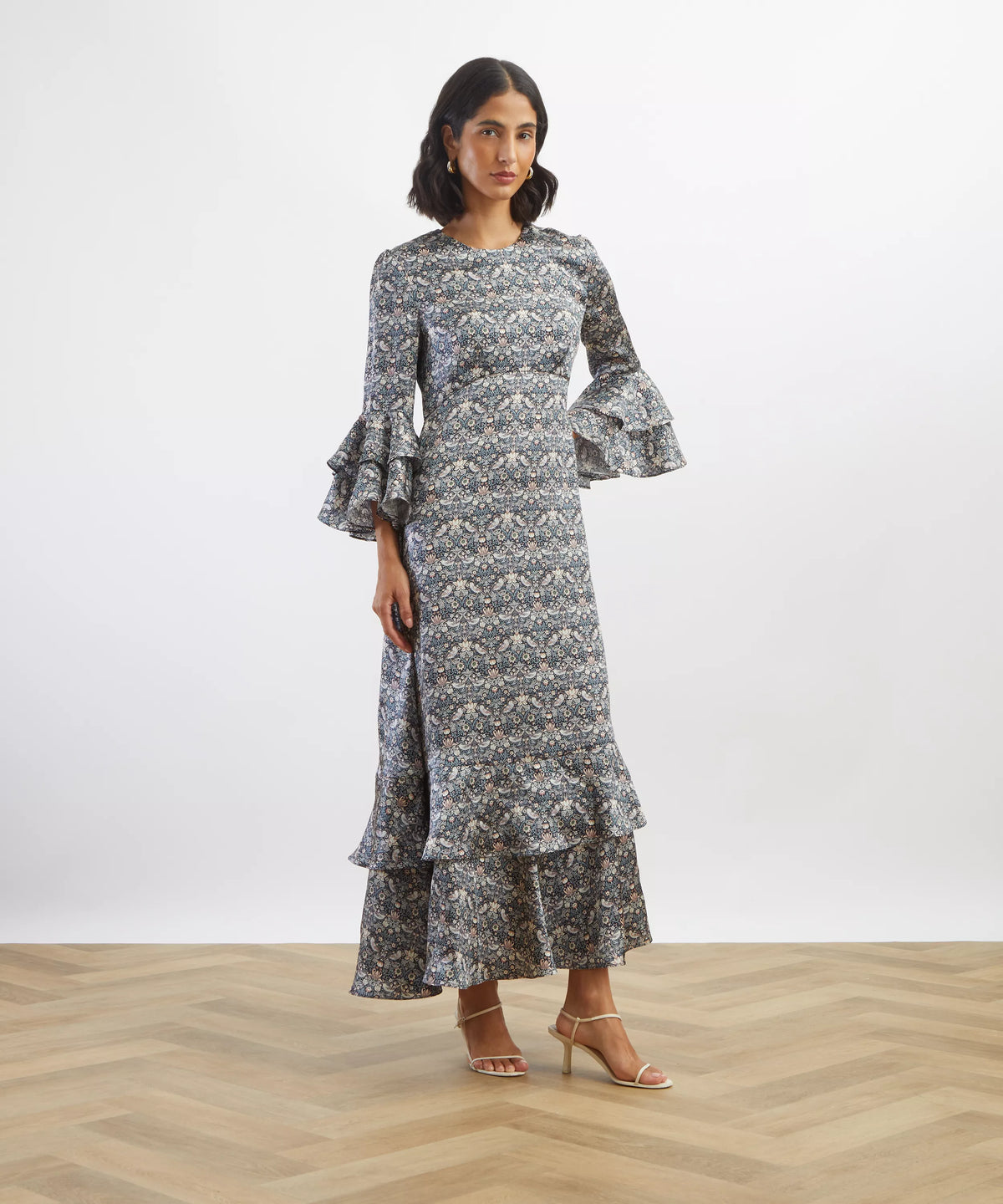 Grey Strawberry Thief Silk Gala Dress
