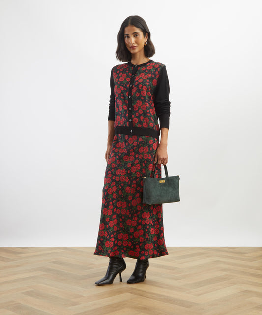 Black Carline Rose Silk Panel Cardigan