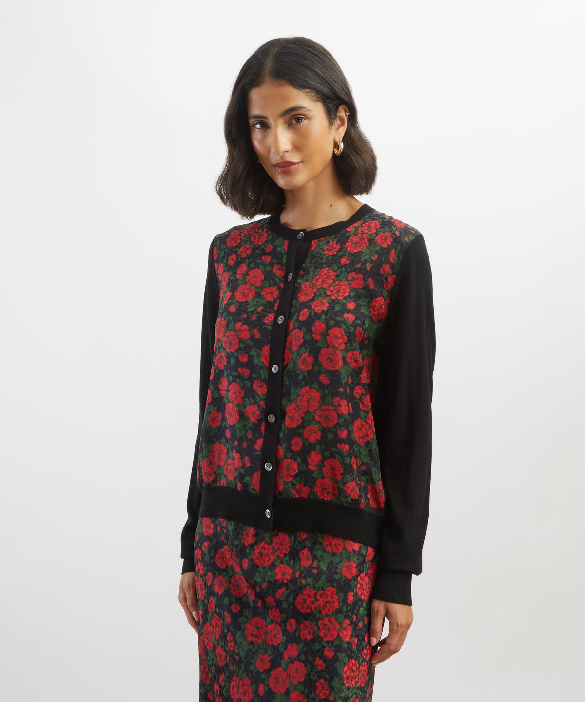 Black Carline Rose Silk Panel Cardigan