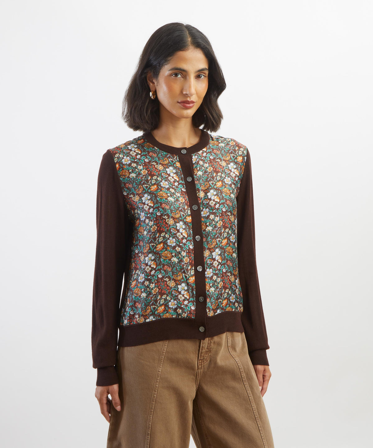 Brown Rachel Meadow Silk Panel Cardigan