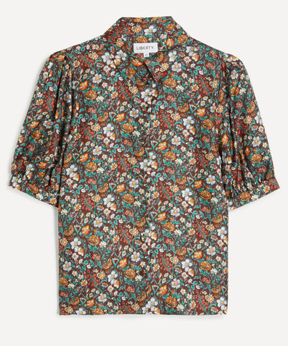 Brown Rachel Meadow Puff Sleeve Silk Shirt