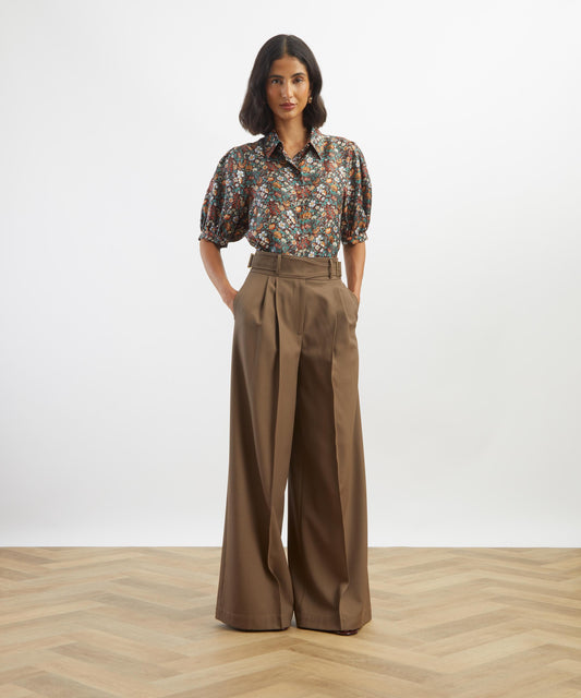Brown Rachel Meadow Puff Sleeve Silk Shirt