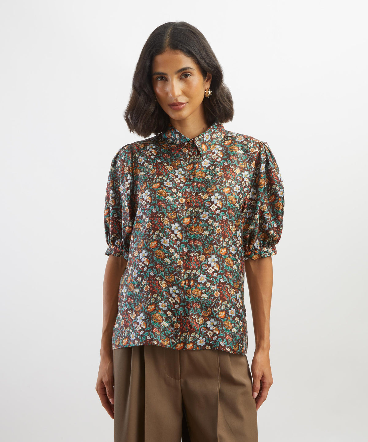 Brown Rachel Meadow Puff Sleeve Silk Shirt