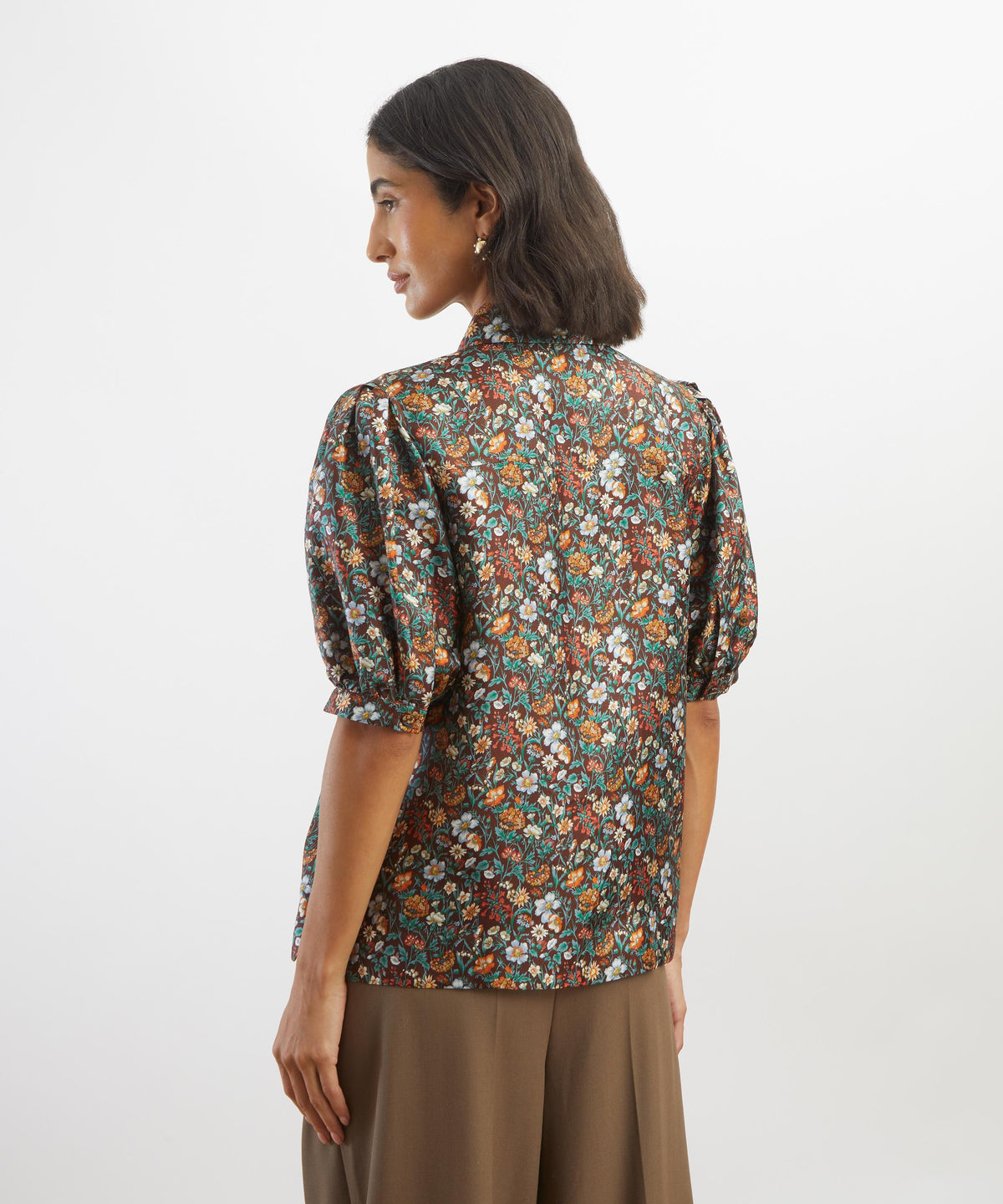 Brown Rachel Meadow Puff Sleeve Silk Shirt