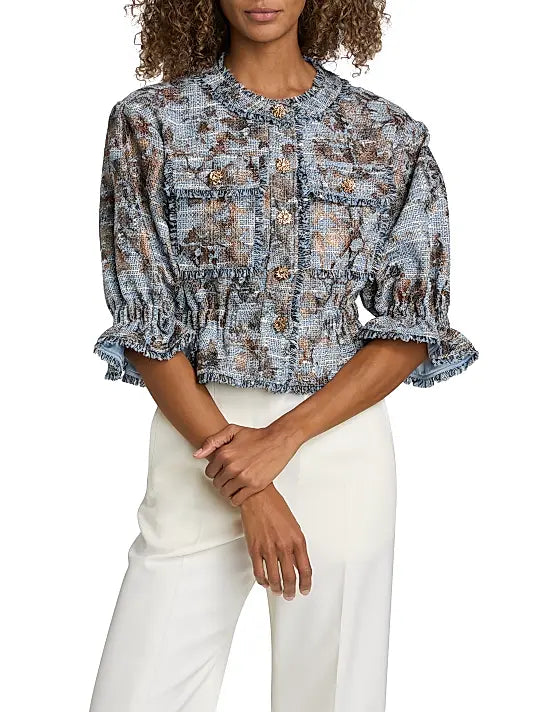 Jaxie Foil-Print Tweed Crop Jacket