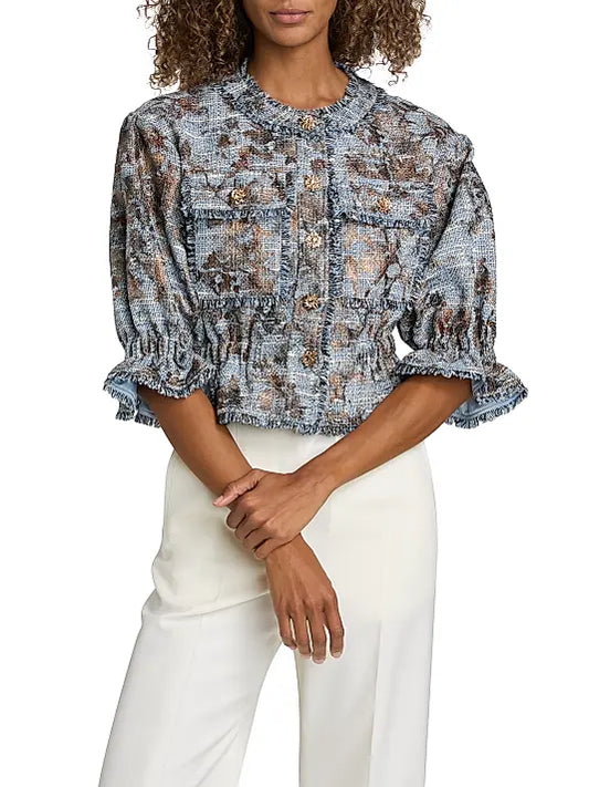 Jaxie Foil-Print Tweed Crop Jacket