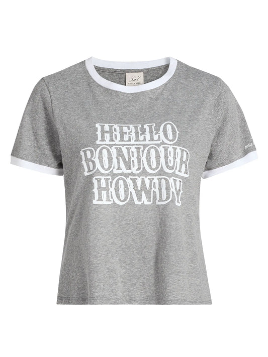 STUDDED HELLO BONJOUR HOWDY SHRUNKEN TEE