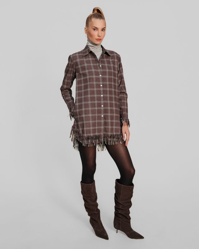 Huckleberry Plaid Flannel Crystal Fringe Shirtdress
