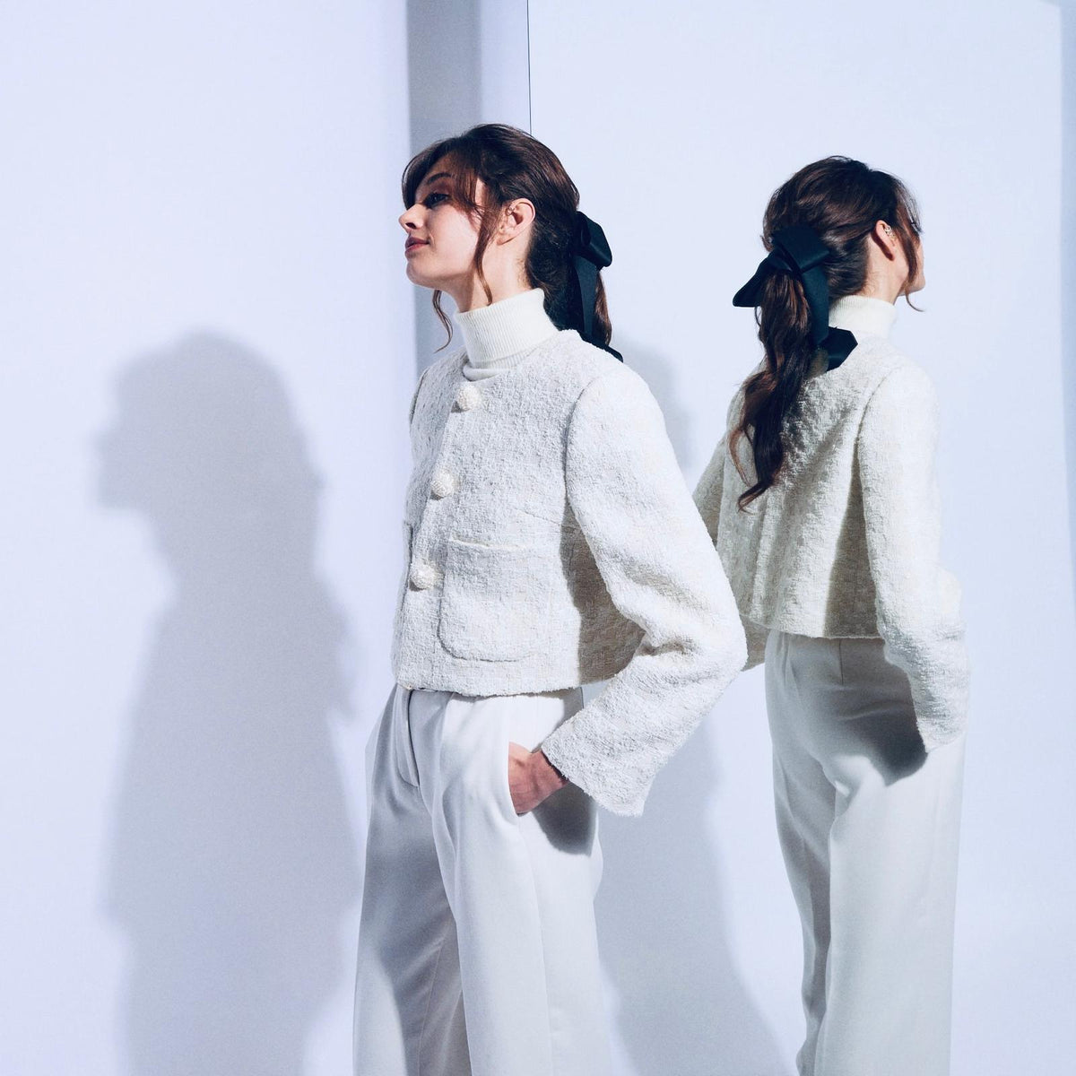 Ivory Cropped Collarless Boucle Jacket