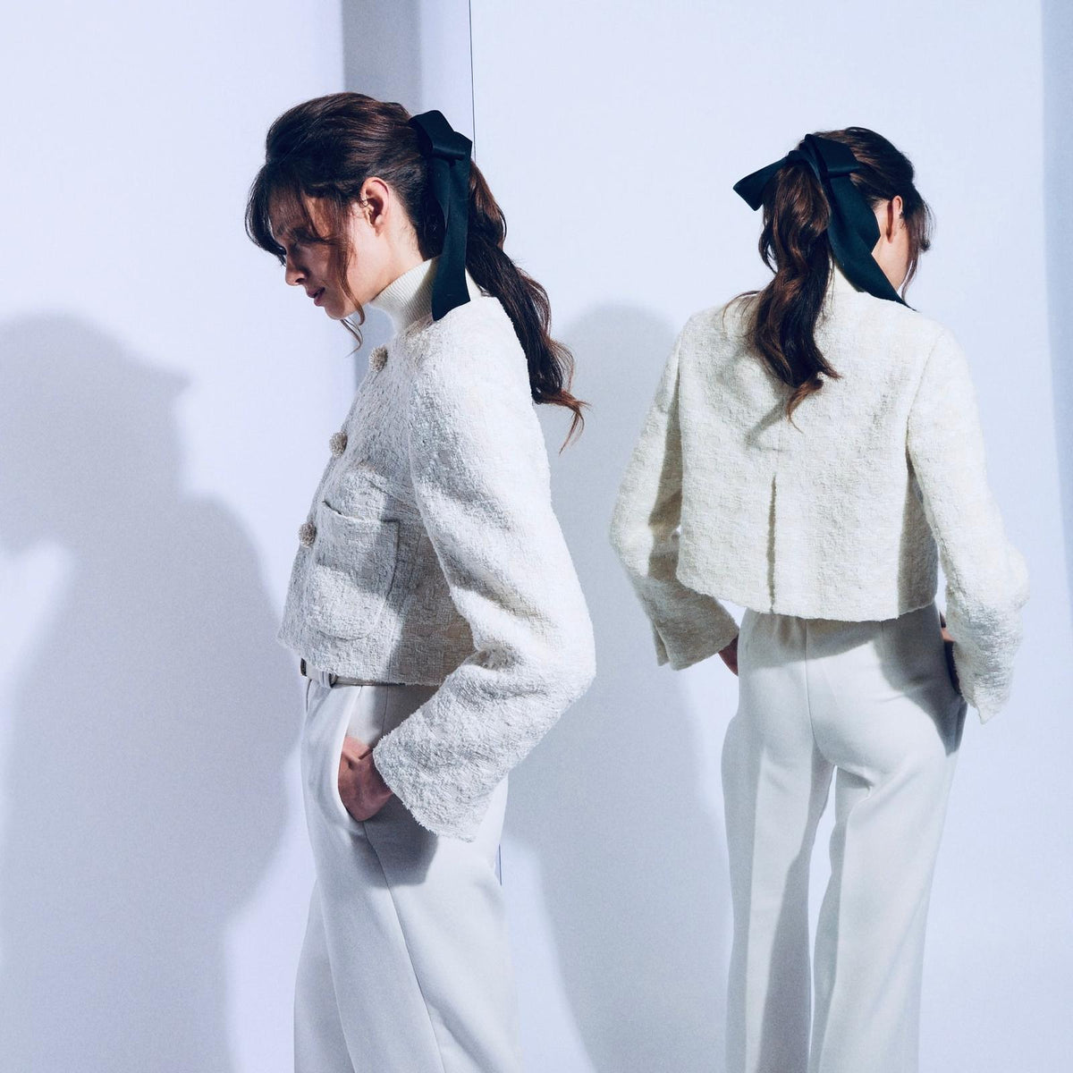 Ivory Cropped Collarless Boucle Jacket