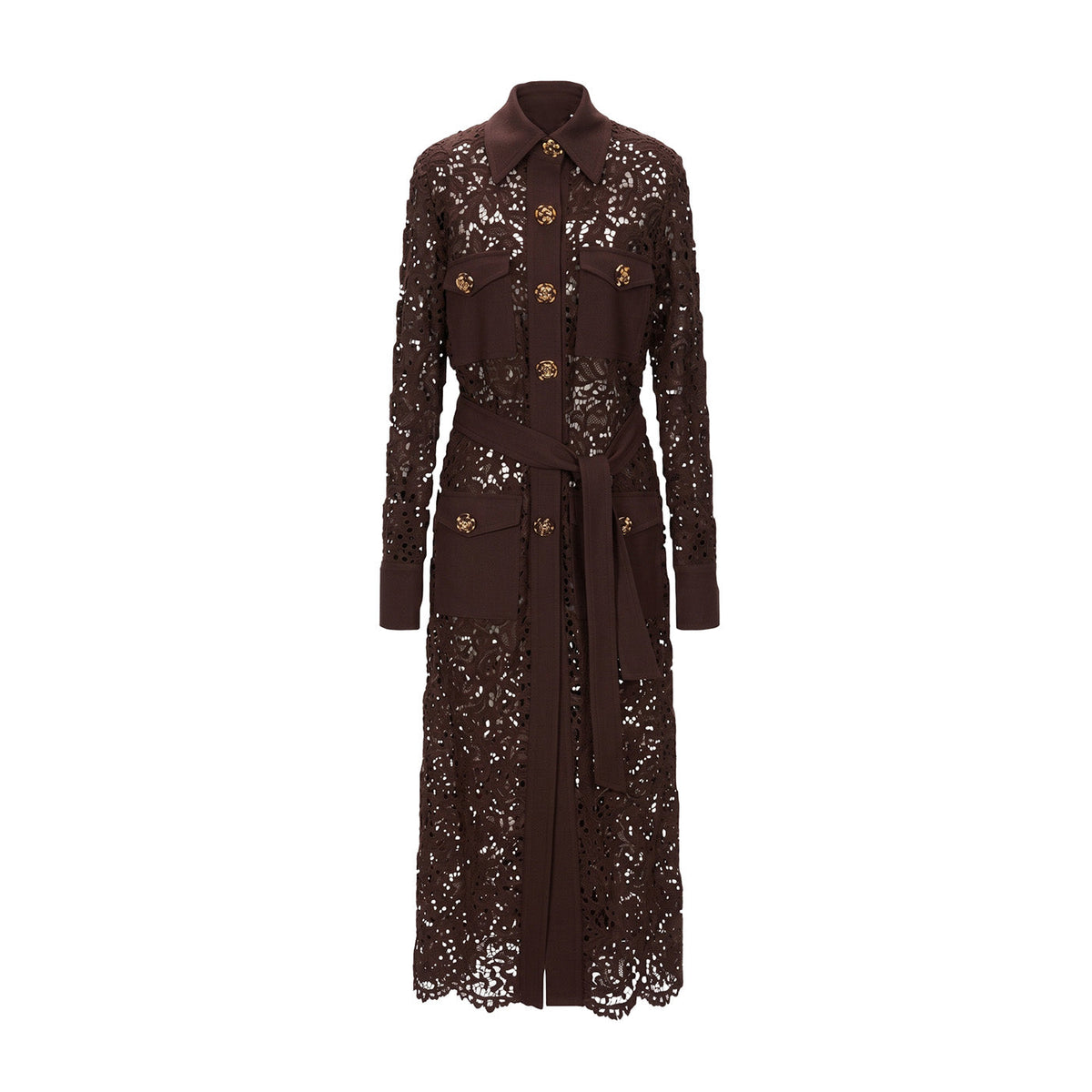 Brown Sheer Lace Belted Trench Coat
