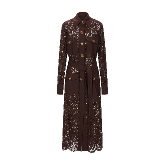 Brown Sheer Lace Belted Trench Coat