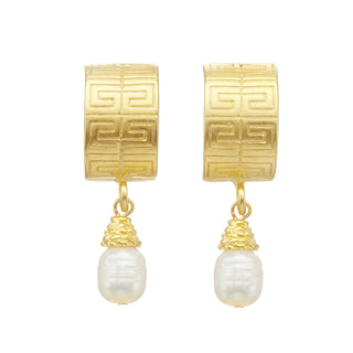 Gold Greek Key Hoop & Freshwater Pearl Drop Earrings
