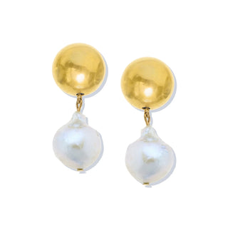 24Kt Gold Plated Large 16Mmball & Baroque Pearl Drop Earrings