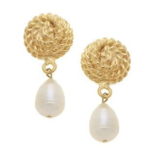 Gold Round Rope & Real Pearl Earrings