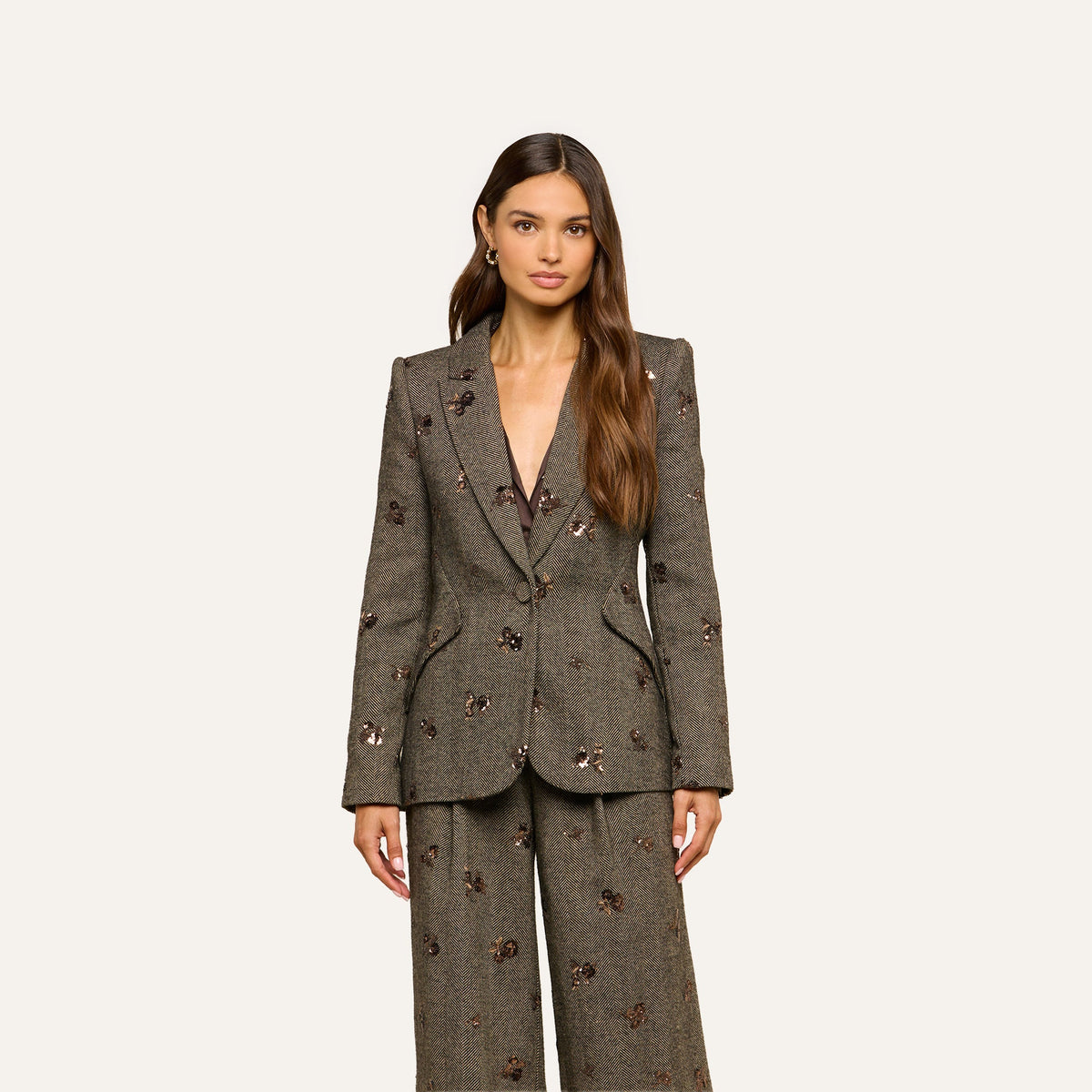 Beige Herringbone Chamberlain Sequined Blazer