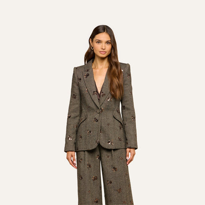 Beige Herringbone Chamberlain Sequined Blazer