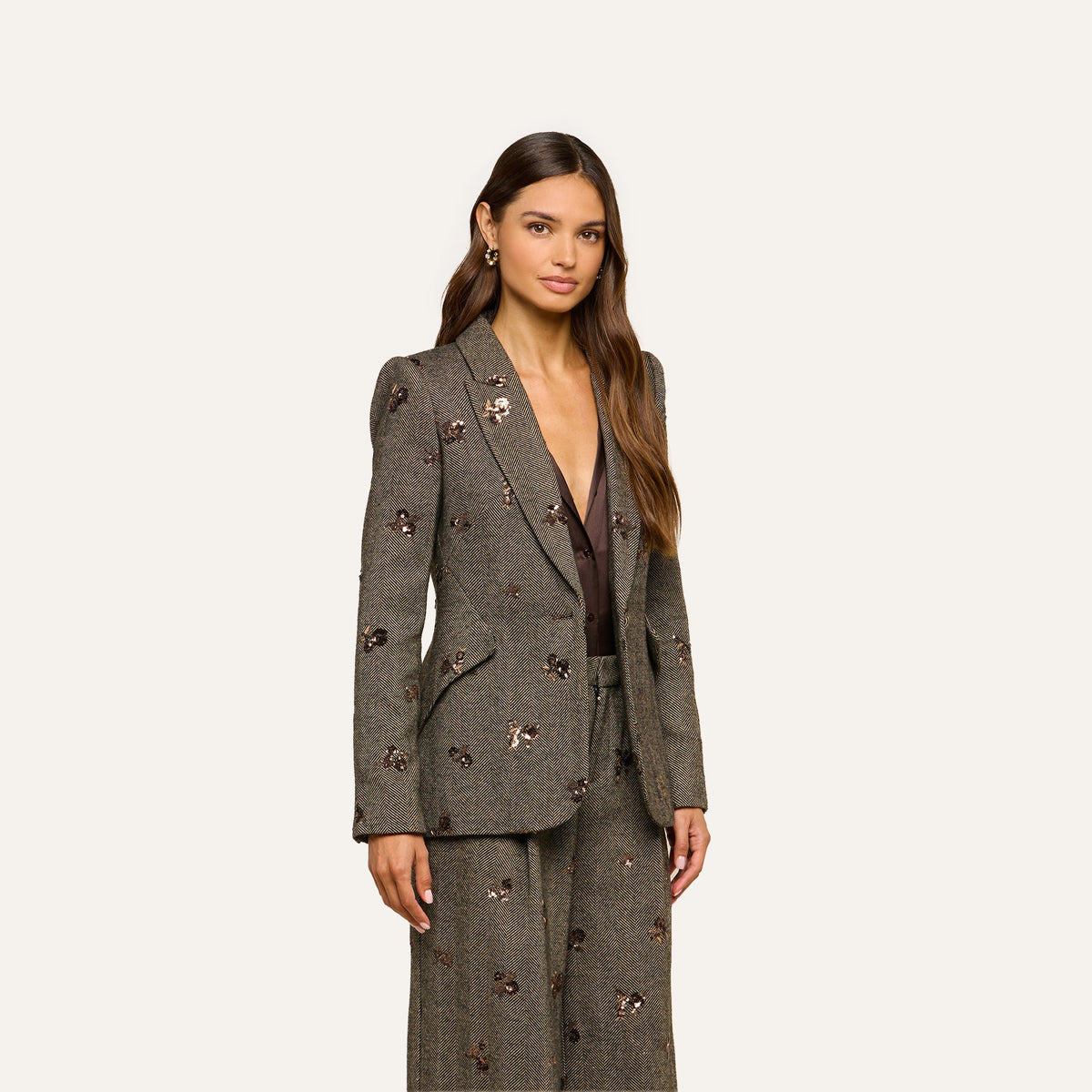 Beige Herringbone Chamberlain Sequined Blazer