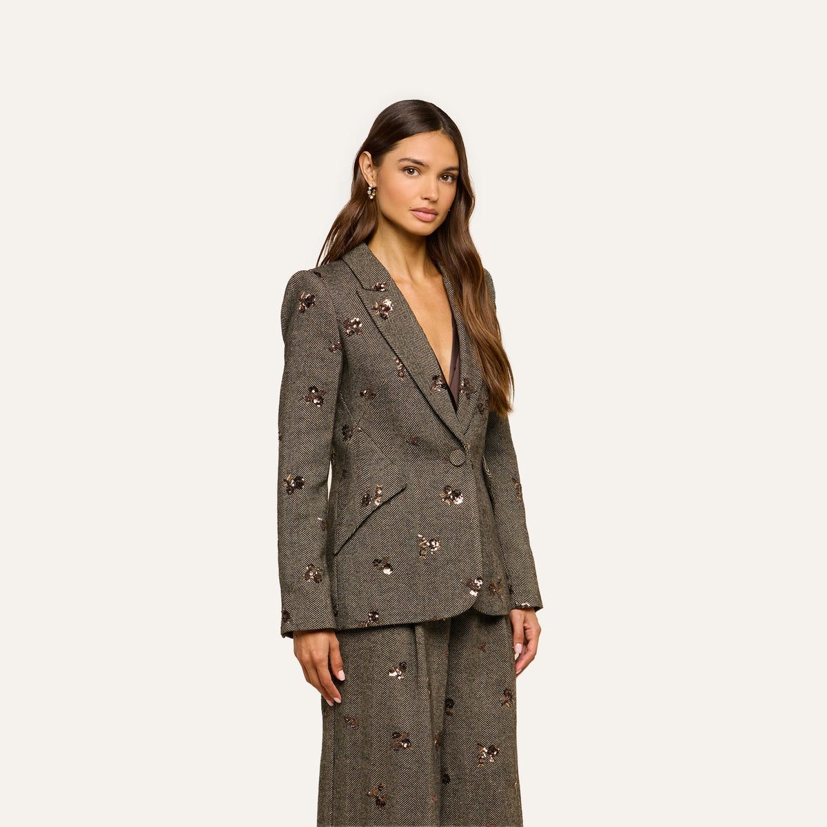 Beige Herringbone Chamberlain Sequined Blazer