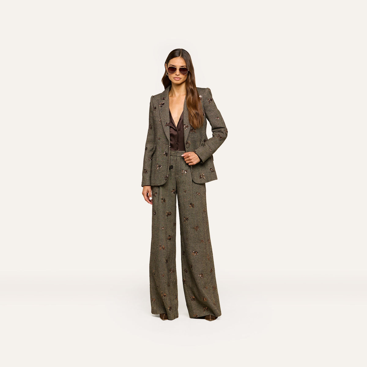 Beige Herringbone Chamberlain Sequined Blazer