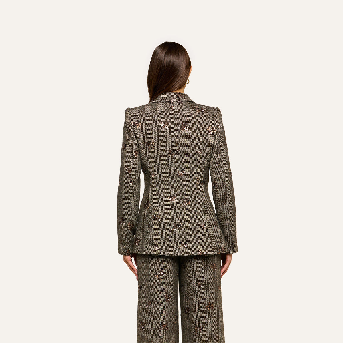 Beige Herringbone Chamberlain Sequined Blazer
