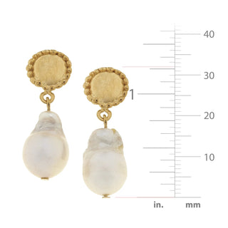 Gold Cabachon ,Large White Freshwater Pearl Earrings