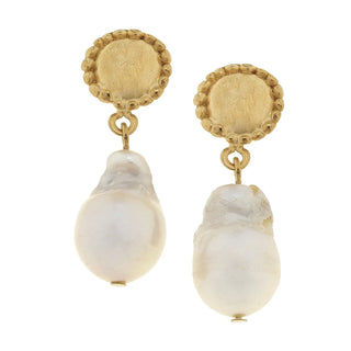 Gold Cabachon ,Large White Freshwater Pearl Earrings