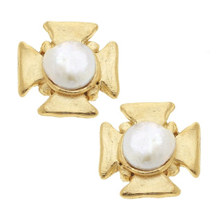Gold Cross, White Coin Pearl Clip Earrings