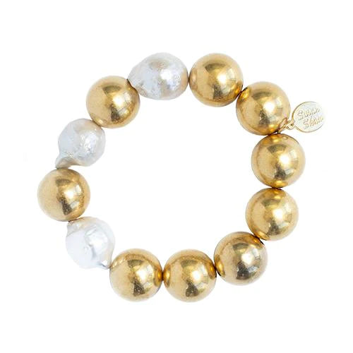 24Kt Gold Plated Large 16Mmballs & Baroque Pearl Stretch Bracelet