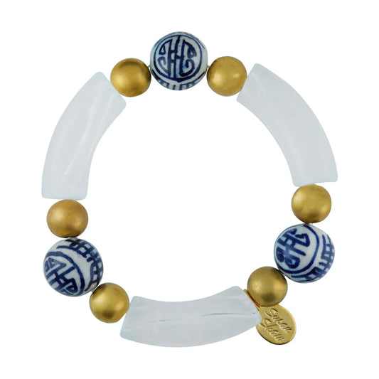 Gold Balls & Blue & White Porcelain & White Bracelet