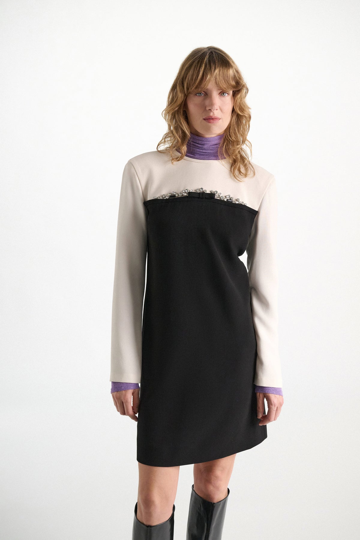 Cream Black Patch Statement Drape Dress