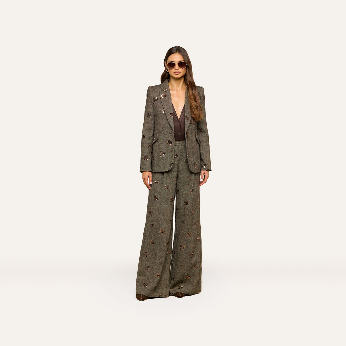 Beige Herringbone Allanah Sequined Trouser